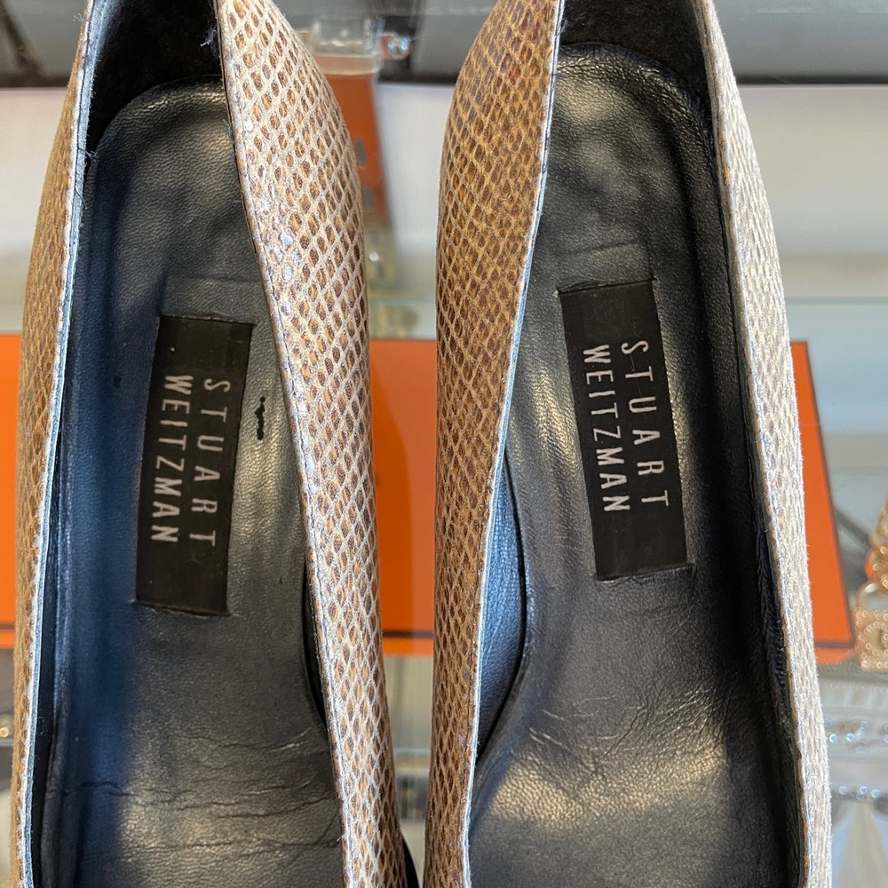 Stuart Weitzman Square Toe Snake Skin Pumps Tan N… - image 3